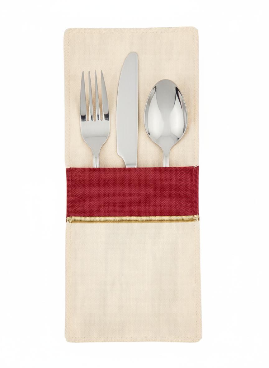 Bordeaux Kırmızı Detaylı Pamuklu 4'lü Çatal Bıçak Kesesi Seti
