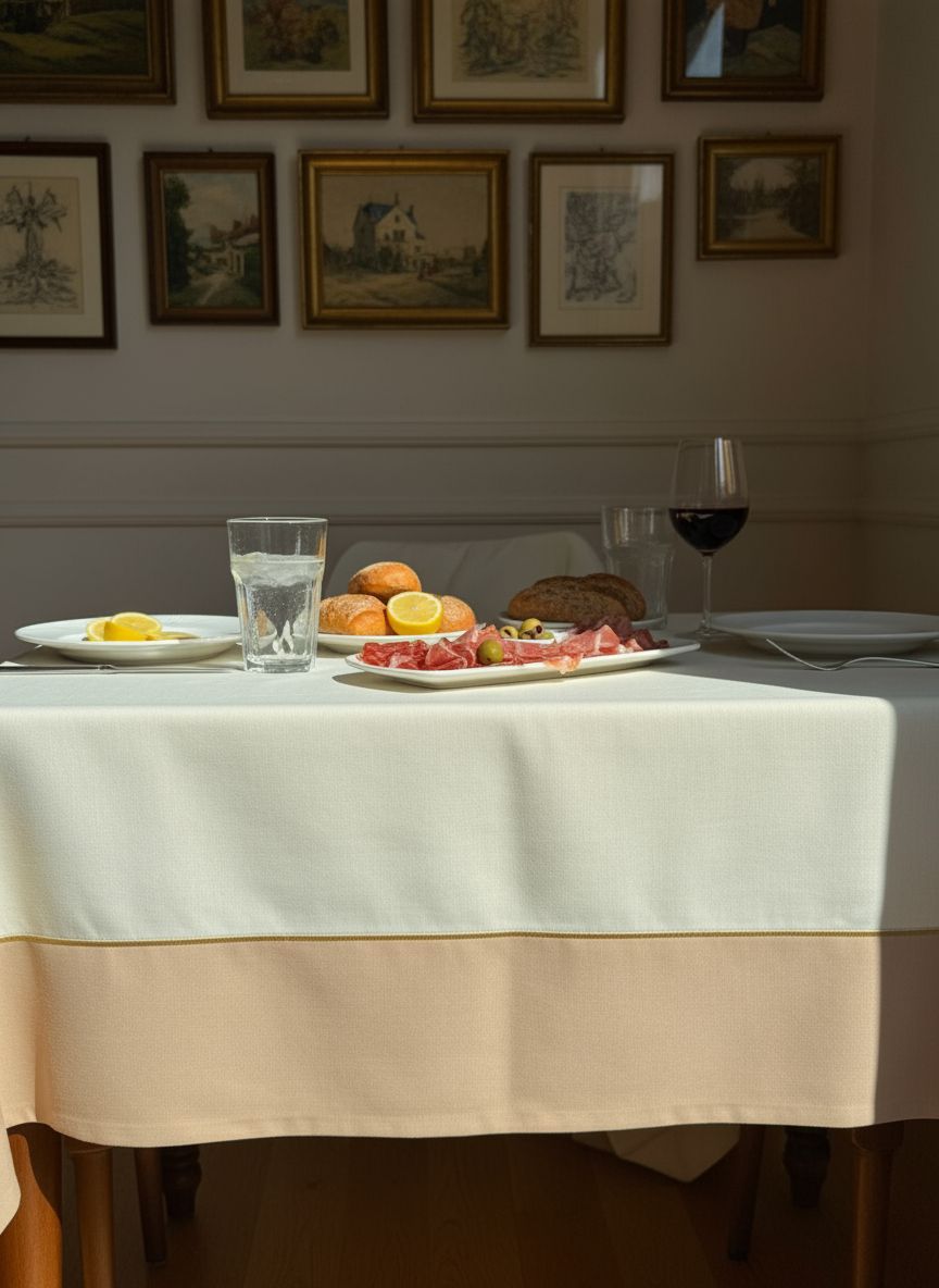 Pure Harmony Krem & Bej Kumaş Üzerine Altın Renk İşlemeli Masa Örtüsü 260x160 cm