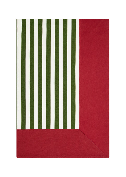 Rouge Elegance Yeşil Beyaz Çizgili ve Kırmızı Bordürlü Altın Renk İşlemeli Masa Örtüsü 260 x 160 cm