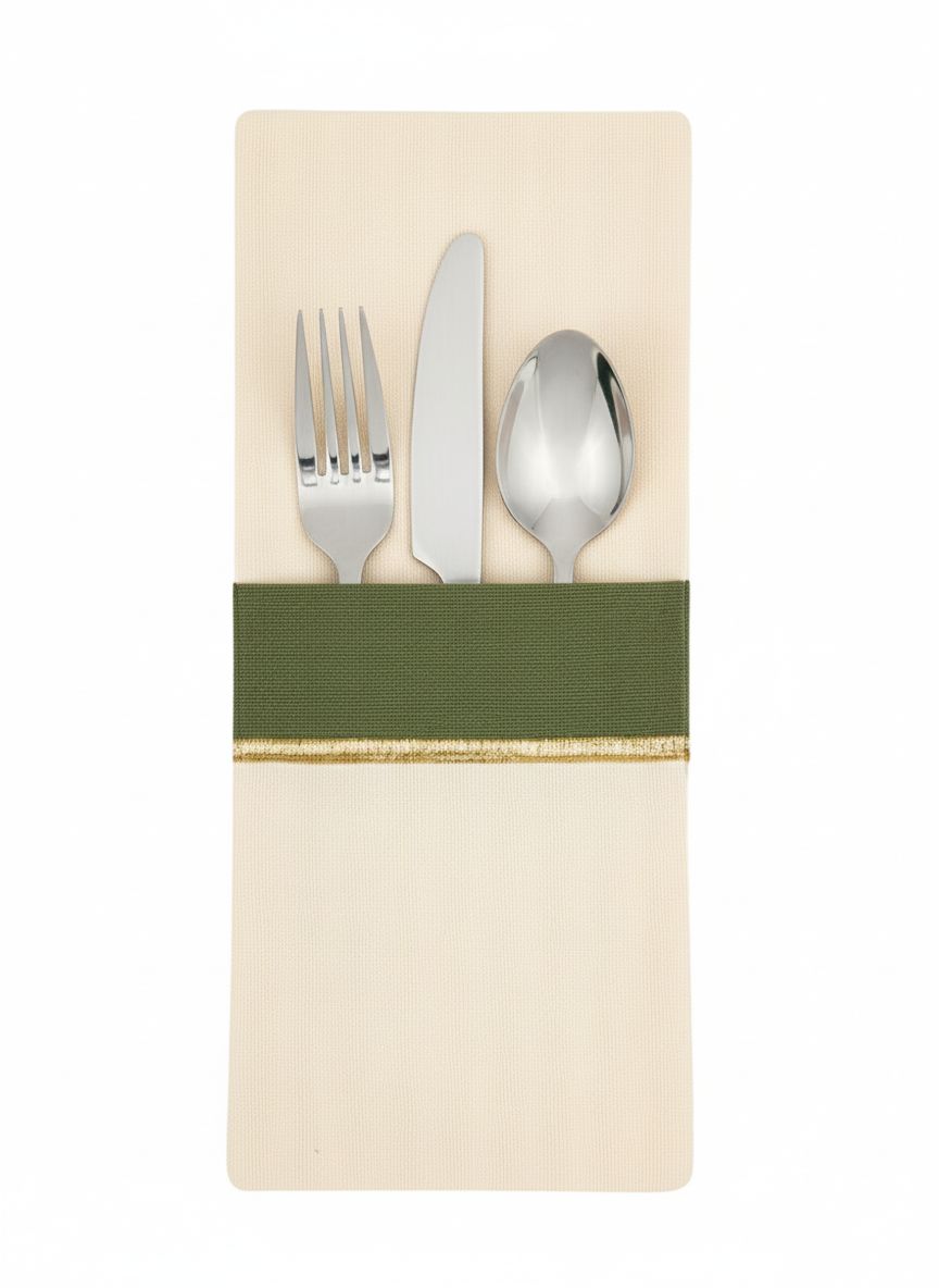 Forest Charm Yeşil Detaylı Pamuklu 4'lü Çatal Bıçak Kesesi Seti