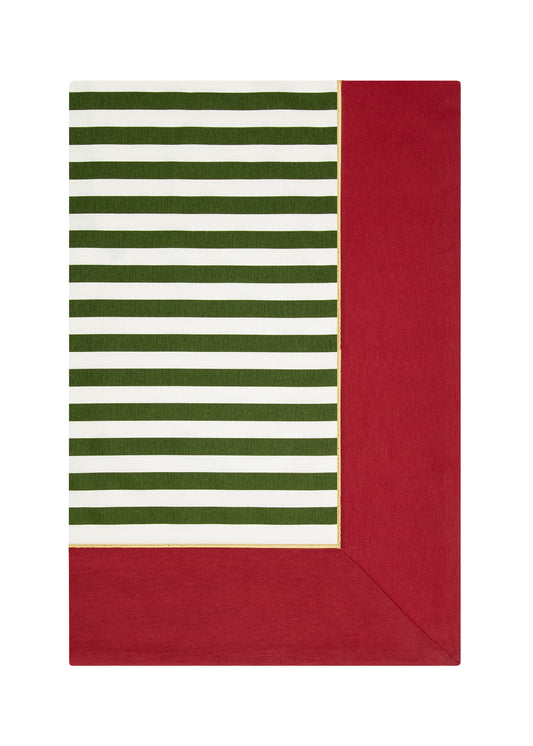 Rouge Elegance Yeşil Beyaz Çizgili ve Kırmızı Bordürlü Altın Renk İşlemeli Masa Örtüsü 260 x 160 cm