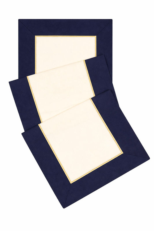 Ocean Noir Lacivert ve Krem Kumaş Üzerine Altın Renk İşlemeli Runner 150 x 50 cm