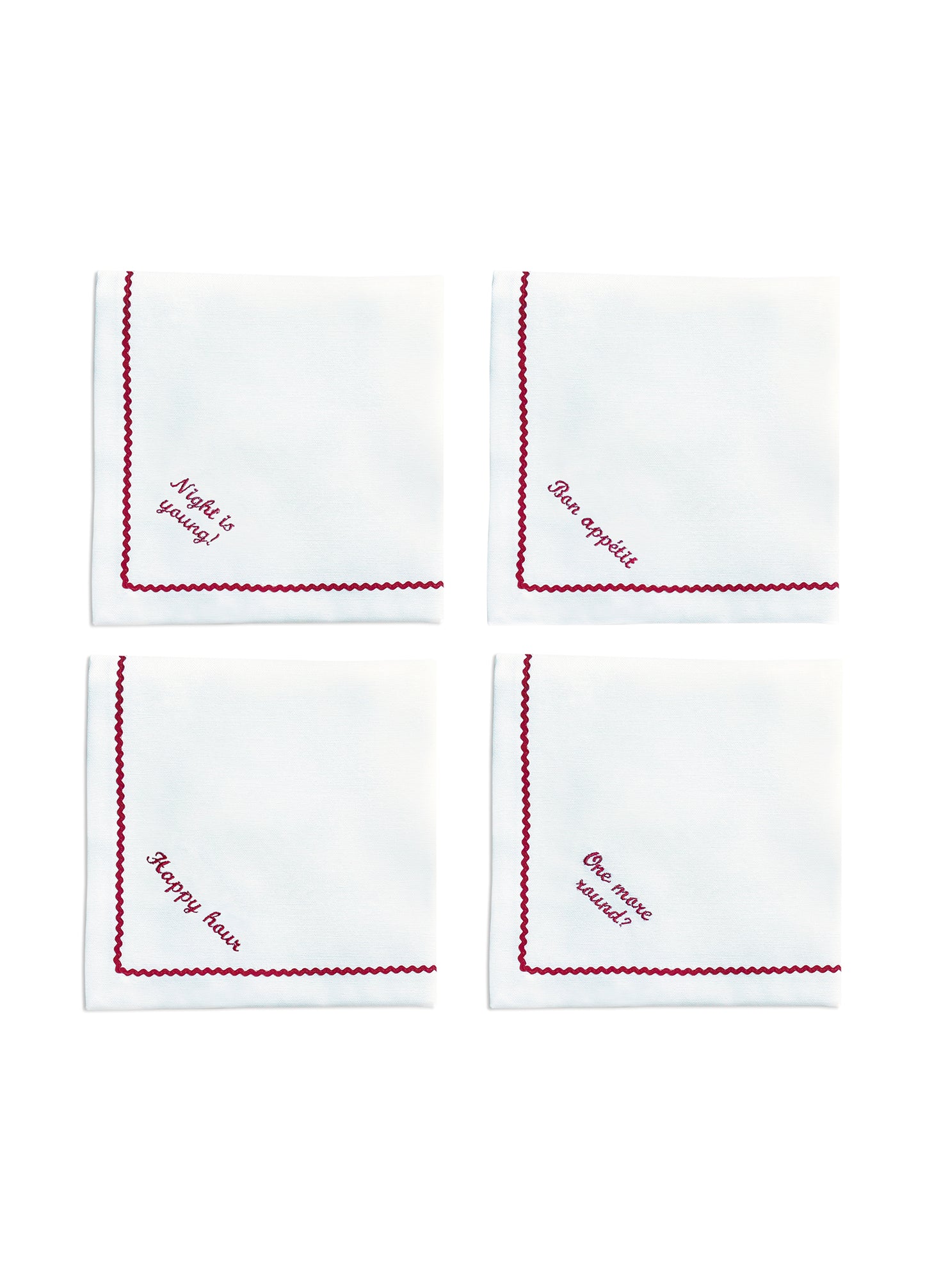 Greetings - Set of 4 Zigzag Napkins with Red Embroidery on White - 40x40 cm