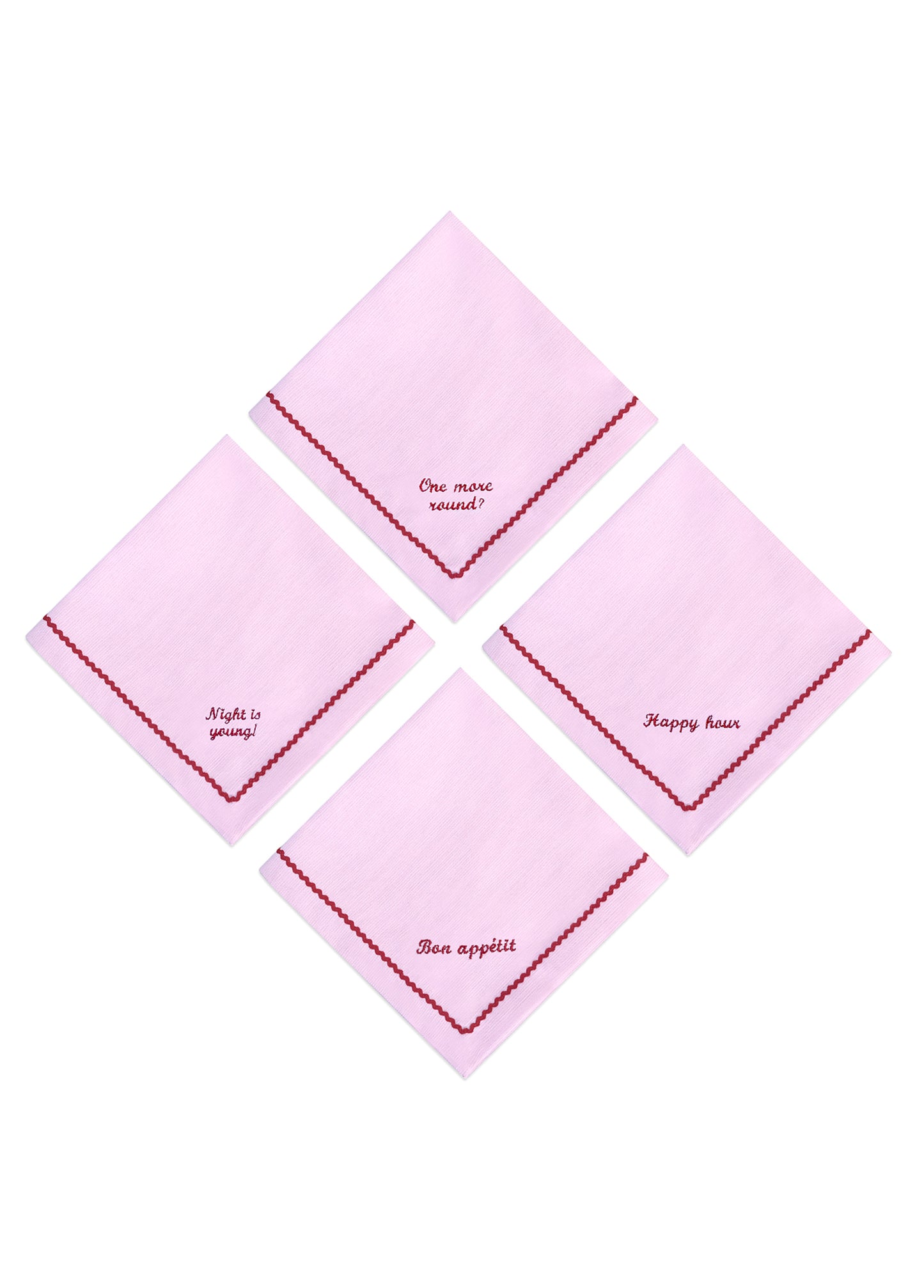 Greetings - Set of 4 Zigzag Napkins with Red Embroidery on Pink - 40x40 cm