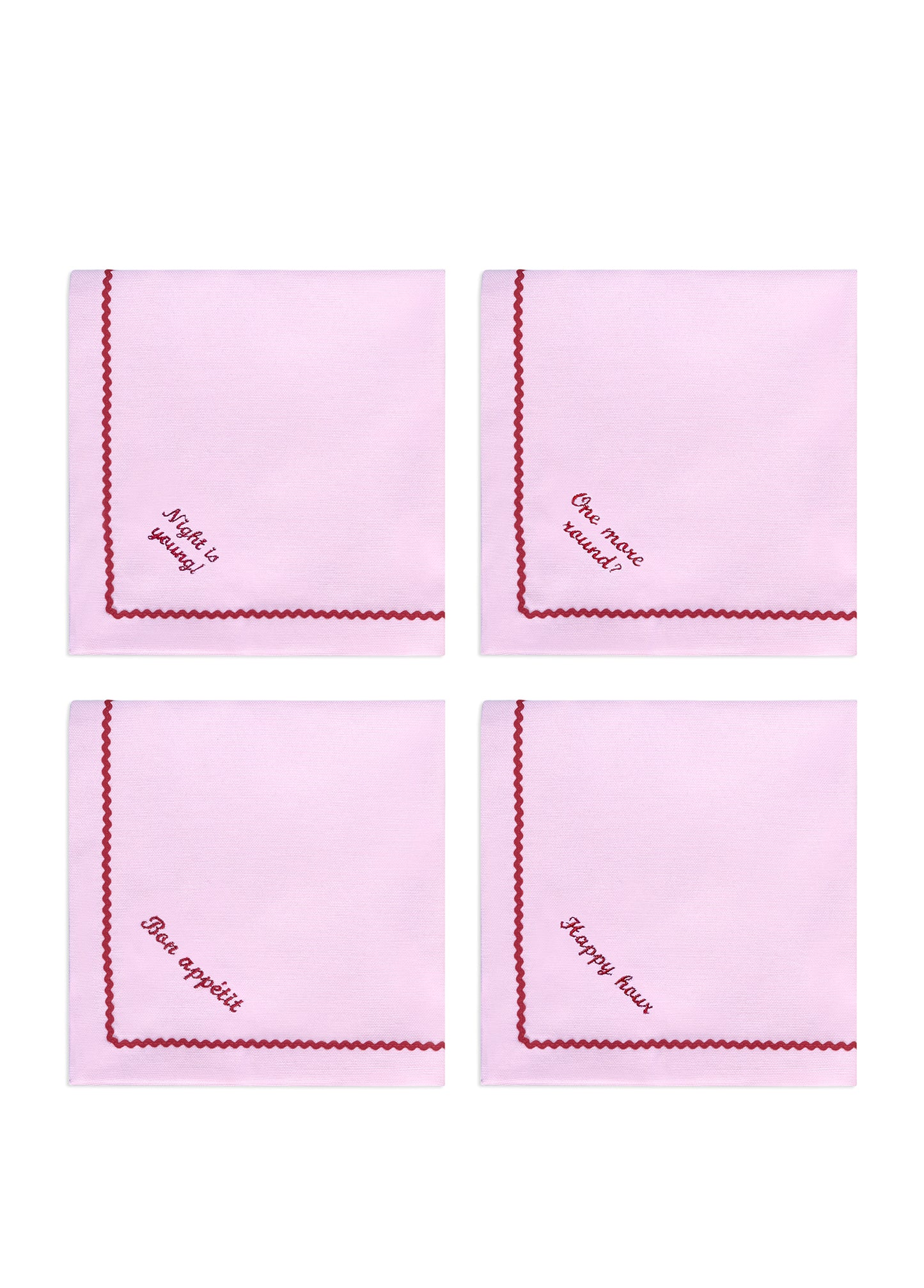 Greetings - Set of 4 Zigzag Napkins with Red Embroidery on Pink - 40x40 cm