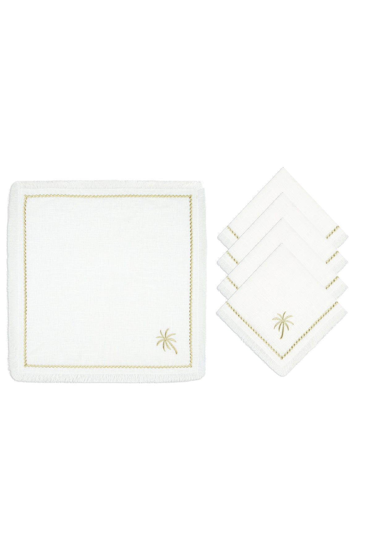 Pure Linen, Fringed Napkin Set of 4 - “White Palm Charm”