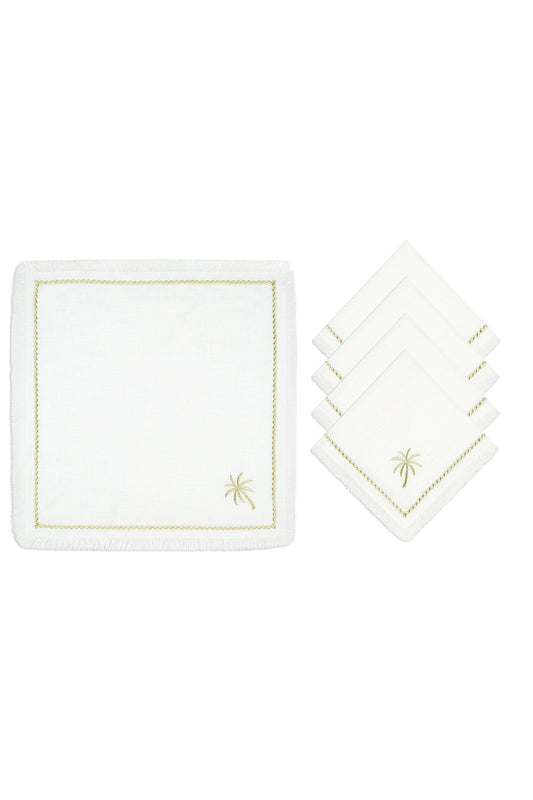 Pure Linen, Fringed Napkin Set of 4 - “White Palm Charm”