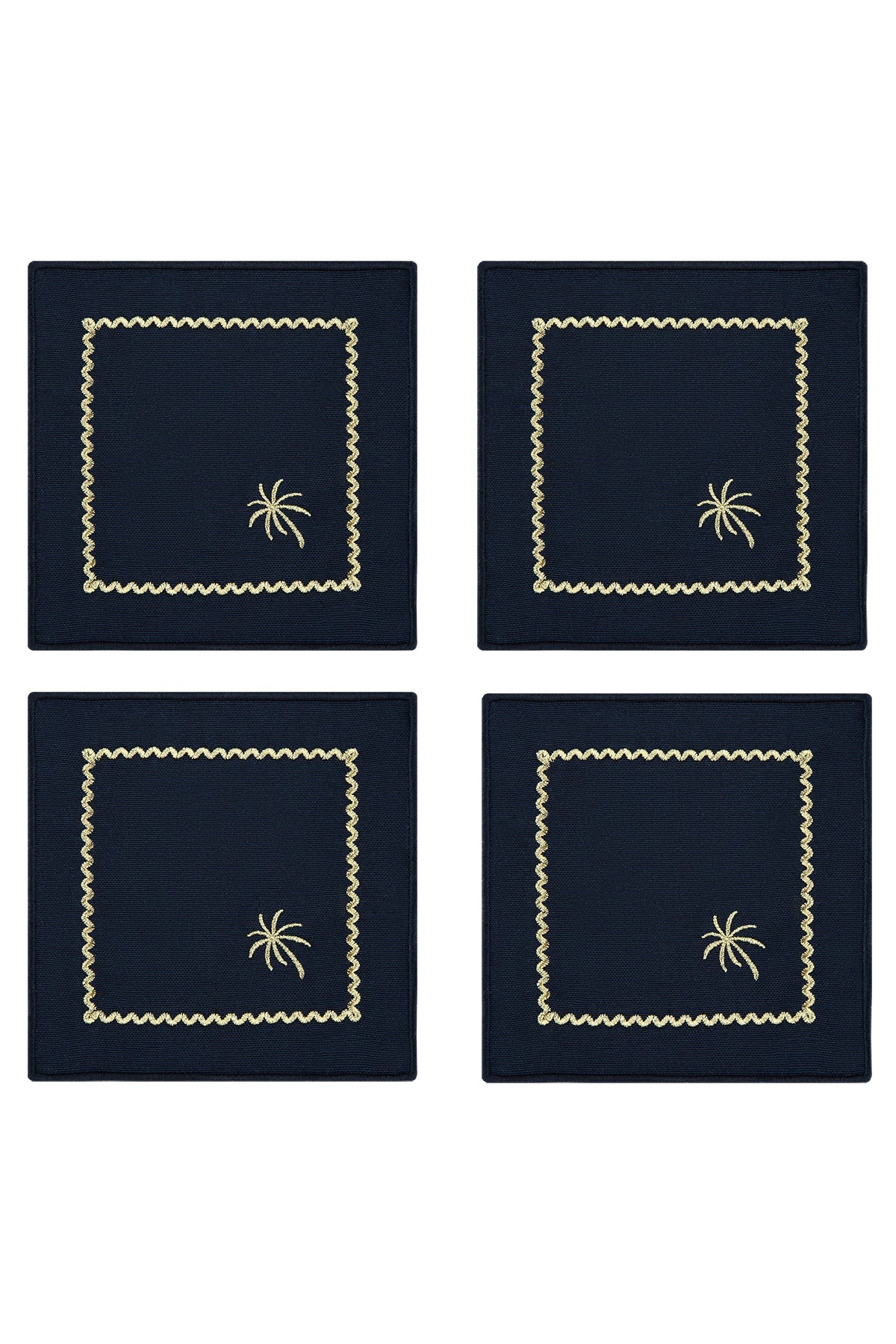 Navy Blue Embroidered Cocktail Napkin Set of 4 - “Navy Palm Charm”