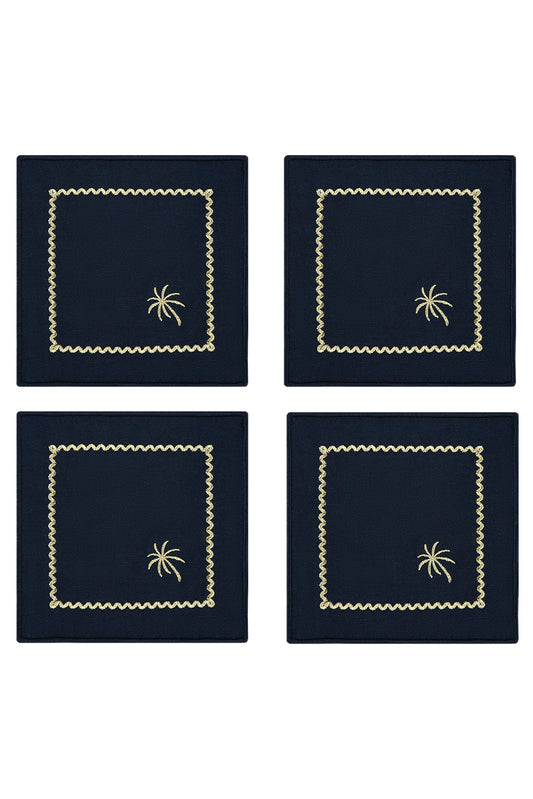 Navy Blue Embroidered Cocktail Napkin Set of 4 - “Navy Palm Charm”