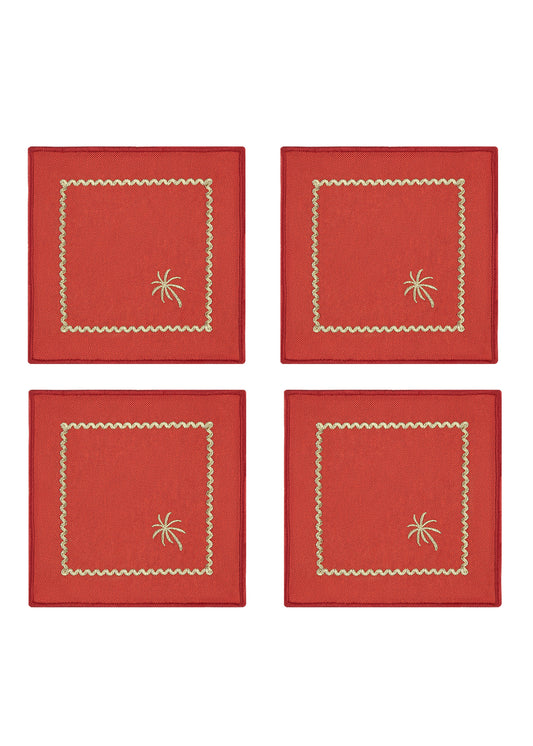 Brick Red Embroidered Cocktail Napkin Set Of 4 - “ Brick Red Palm Charm”