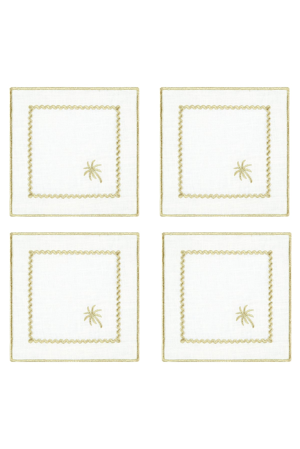 Pure Linen Embroidered Cocktail Napkin Set of 4 - “ White Palm Charm”
