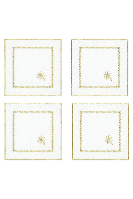 Pure Linen Embroidered Cocktail Napkin Set of 4 - “ White Palm Charm”