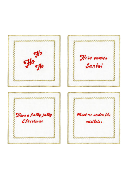 Embroidered Linen Cocktail Napkin Set Of 4 - “Christmas Cheer”