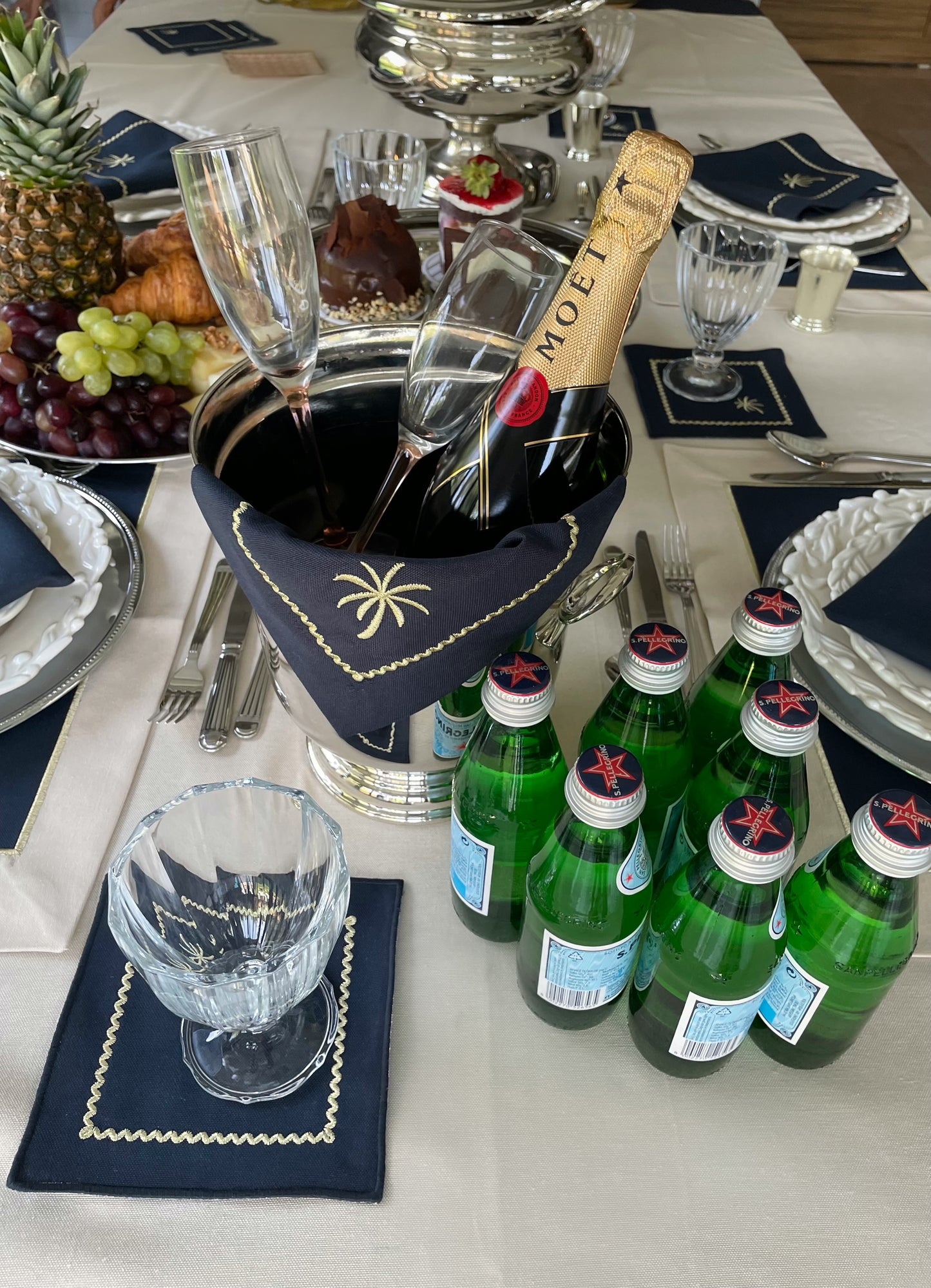 Beige & Navy Blue With Gold Embroidered, Timeless Tablecloth , 260x160cm  -“Midday Magic Tablecloth”