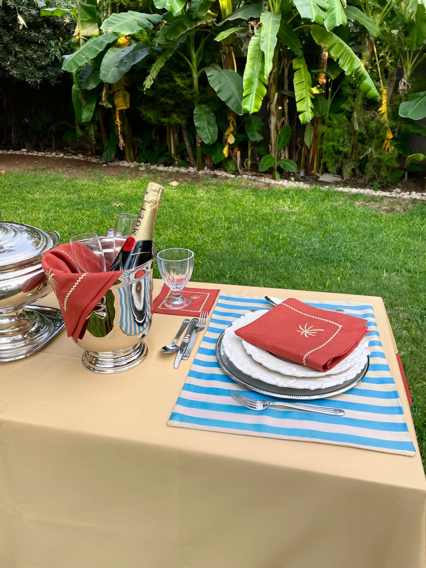Cookie & Brick Red With Gold Embroidered, Timeless Tablecloth , 260x160cm  -”Sunset Therapy Tablecloth”
