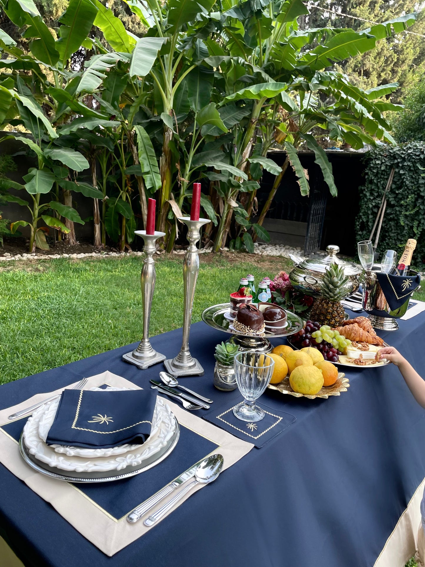 Navy Blue & Beige With Gold Embroidered, Timeless Tablecloth , 260x160cm  -“Midnight Shine Tablecloth”